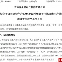 金冠電氣5,000萬切入鋰離子電池隔膜項目